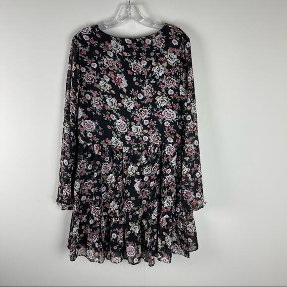 Entro black pink floral chiffon ruffle boho cottagecore midi dress large - Picture 9 of 9